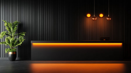 Modern hotel lobby with minimalist design, sleek reception desk, and designer lighting casting warm tones across the space, completely emptyの素材