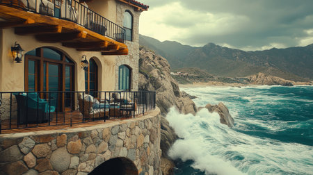 Ocean cliffside resort with dramatic water views from terrace, waves crashing below, luxury calmの素材