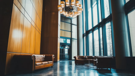 Moody lobby interior with rich wood finishes, leather furniture, and contemporary chandeliers, high-end vibe with no guestsの素材
