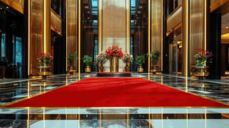 Opulent lobby with red carpet entrance, golden accents, and a central floral display in full bloom, luxury ambiance with no peopleの素材