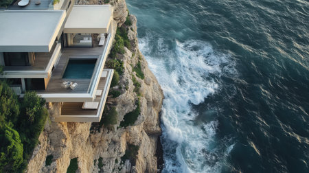 Ocean cliffside resort with dramatic water views from terrace, waves crashing below, luxury calmの素材