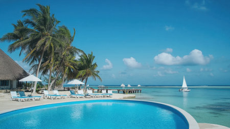 Poolside lounge chairs at resort hotel facing distant island view, clean lines and calming settingの素材