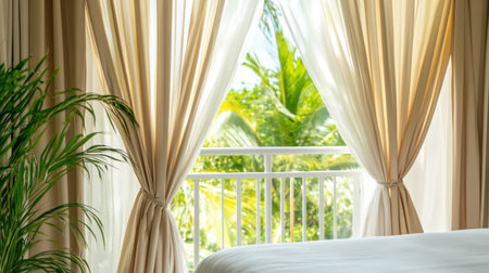 Open balcony doors in luxury room revealing view of garden or beach, curtains swaying gently, calm and breezyの素材