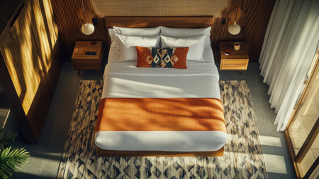 Overhead view of immaculately made hotel bed with decorative runner, pillow symmetry, and clean linens, luxury detailの素材