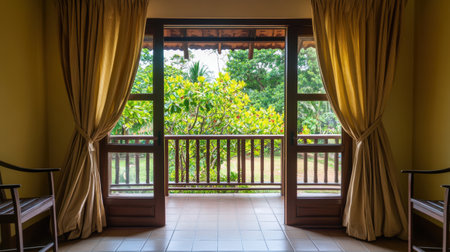Open balcony doors in luxury room revealing view of garden or beach, curtains swaying gently, calm and breezyの素材