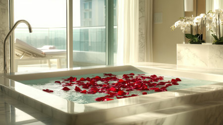 Private spa suite with soaking tub, flower petals, and marble finishes, designed for peaceful relaxationの素材