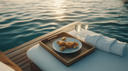 Poolside view of gourmet breakfast tray on a luxury lounger, pristine water in the background, no guests visibleの素材