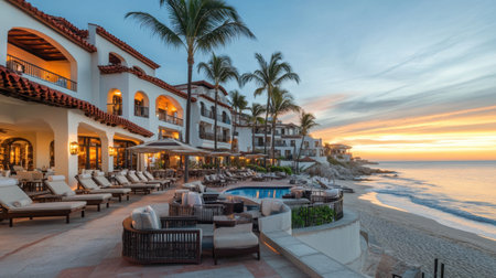 Resort-style luxury beachfront hotel with lounge seating, swaying palm trees, and expansive ocean viewの素材