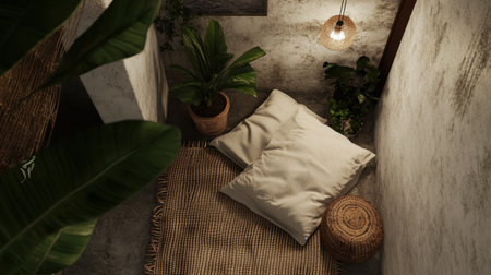 Private relaxation nook with silk cushions, woven textures, and ambient spa sounds, peaceful and untouchedの素材