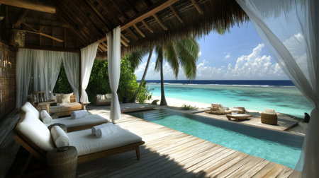 Rooftop cabana with white curtains and plush lounge chairs beside private pool, tropical luxury scene, no peopleの素材