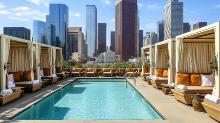 Rooftop infinity pool area with luxurious cabanas, towel service station, and fine details showing five-star leisureの素材