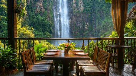 Scenic waterfall view from tropical resort balcony, lush vegetation surrounding cascading waterの素材