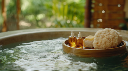 Spa bath with bamboo tray holding natural soaps, loofah, and essential oils, luxury wellness atmosphereの素材
