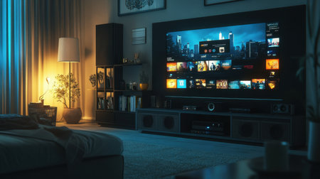 Smart TV wall in hotel suite with ambient lighting and built-in sound system, tech-savvy and sleekの素材