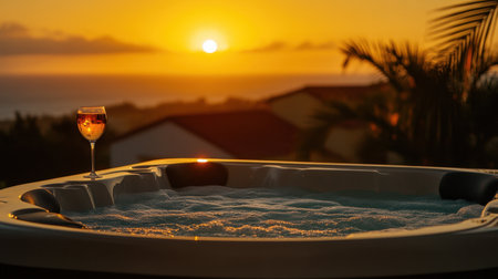 Sunset view from a luxury hotel hot tub on balcony, glass of wine beside, romantic and private without peopleの素材