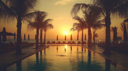 Sunset view from a luxury beachfront resort, warm golden hues reflecting on the calm water, palm trees framing the sceneの素材
