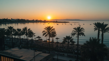 Sunrise view over the ocean from the balcony of a beachfront hotel, calm waters reflecting the golden glow of the sunの素材