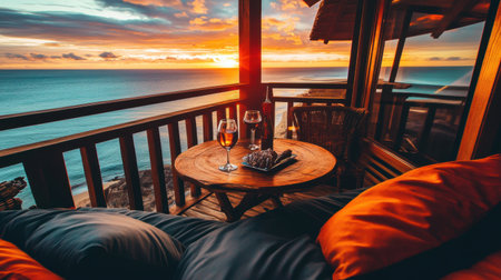 Sunset view from private balcony with two wine glasses, soft cushions, and table set for romantic room serviceの素材