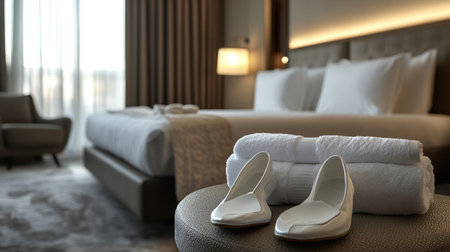 Turndown service in hotel suite with slippers by bed, robe neatly folded, and dim lights creating a warm ambianceの素材
