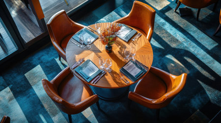 Top view of fine dining table in hotel restaurant with meticulous place settings, leather menus, and artistic floral decorの素材