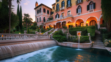 Water feature flowing into a hotel pool with artistic design and elegant outdoor lighting, no guests aroundの素材