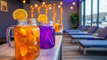 Wellness relaxation area with heated loungers, tranquil background music, and infused water pitchersの素材