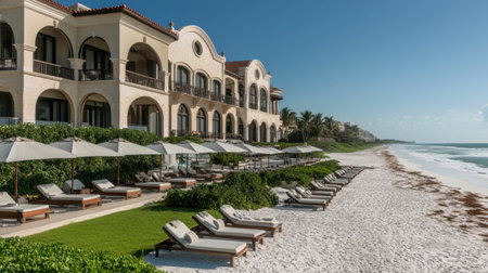 White sandy beach stretching in front of a luxury hotel, lounge chairs and umbrellas with the ocean in the distance, bright clear skyの素材