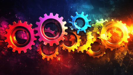 Abstract gear symbols interlocking on a dark background, teamwork and operation conceptの素材