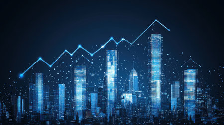 Abstract city skyline with upward arrow icon, symbol of urban business expansionの素材