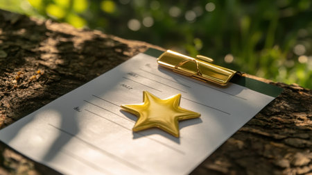Bright star pinned to a report card with high grades, educational success symbol, no peopleの素材