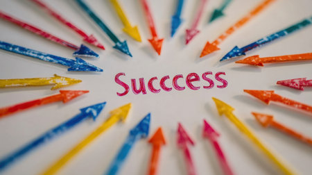 Arrows all converging into the word Success on a whiteboard, strategic planning concept, no crowdの素材