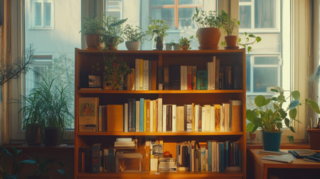 Bookshelf filled with motivational titles and success guides, clean home office view, no people presentの素材