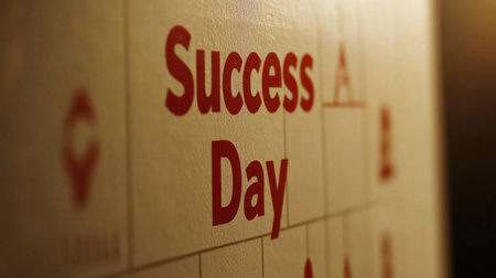 Calendar page marked with Success Day in red, clean minimalist desk, no peopleの素材