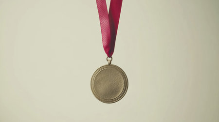 Championship medal hanging from ribbon on a white background, isolated concept of victory and successの素材