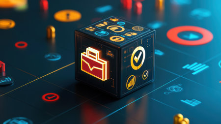 Cube made of interconnected business icons like briefcase, target, and graph, digital metaphorの素材