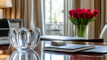 Crown-shaped paperweight on a luxury office desk, symbol of achievement, no person in sceneの素材