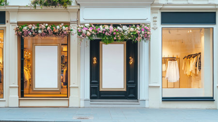 Colorful boutique store sign with floral accents, bright facade, and empty sidewalk in frontの素材