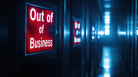 Dark cityscape with Out of Business signs in several windows, urban recession scene, no movementの素材