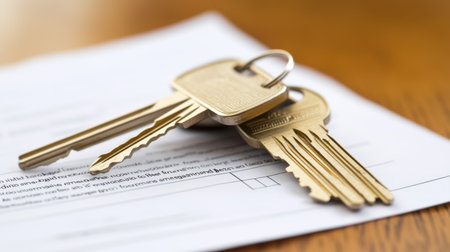 Desktop with foreclosure paperwork beside house keys, mortgage crisis theme, no person shownの素材