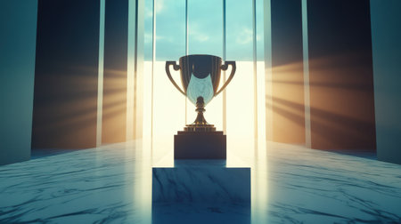 Elegant trophy cup on marble pedestal with dramatic backlight, award ceremony feel, no crowdの素材