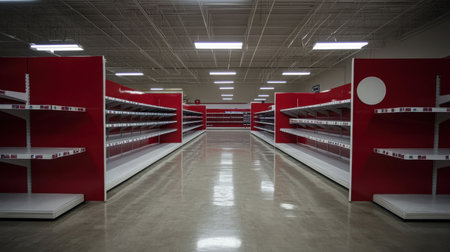 Empty shelves in discount store, supply shortage due to recession, economic fear symbol, no shoppersの素材