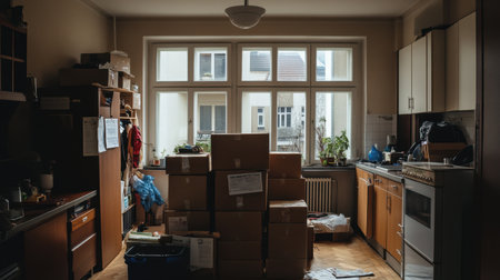 Empty apartment with boxes and eviction notice on door, economic hardship interior, no one presentの素材