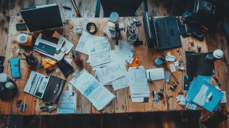 Empty conference table with recession reports and closed folders, canceled meeting vibe, no participantsの素材