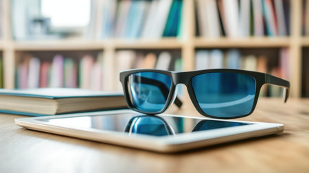 Augmented reality glasses placed beside education-focused tablet interface, futuristic learning techの素材