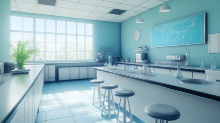 Bright modern science lab classroom with clean counters, stools, and smart display boardの素材