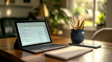 AI-enhanced learning assistant dashboard displayed on tablet beside digital note-taking appの素材