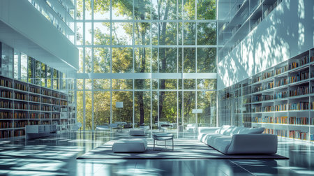 Bright modern school library with open bookshelves, sleek furniture, and natural light flooding through tall windowsの素材