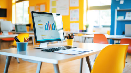 Colorful classroom setup with touch screen monitor, document camera, and educational apps on displayの素材