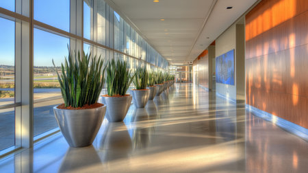 Daylit hallway lined with indoor planters and motion-activated LED lightingの素材