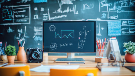 Desk setup for distance learning with camera, microphone, and collaborative tools on screenの素材